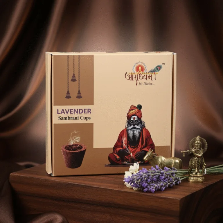 Sambrani Cups Lavender | Blend of Devdar, Nagarmotha, Giloya, Guggal, Loban and Other Herbs | Free Burner Plate | 15 Cups | Aradhyam