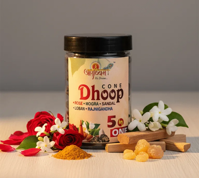 5 in 1 Premium Dhoop Cones – Rose, Mogra, Sandal, Loban & Rajnigandha | 200g | Approx. 45 Cones | Aradhyam