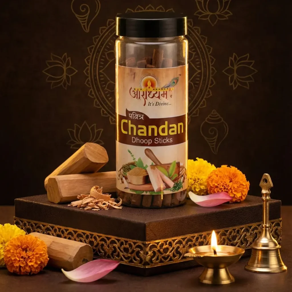 Premium Chandan Dhoop Sticks Charcoal Free by Aradhyam for Pooja Meditation and Spiritual Ambience