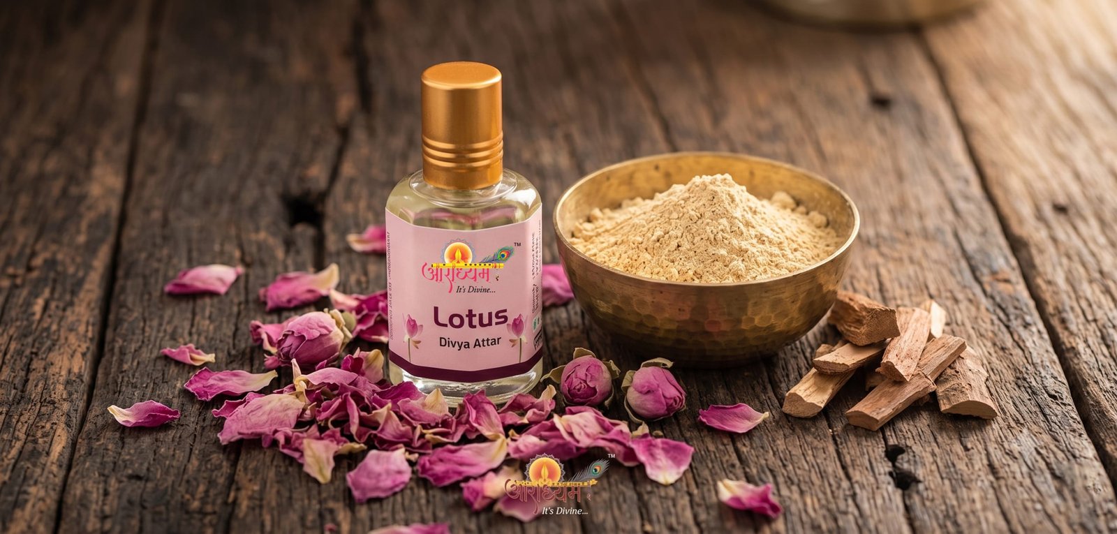 Sandalwood and lotus petals used in Aradhyam lotus attar